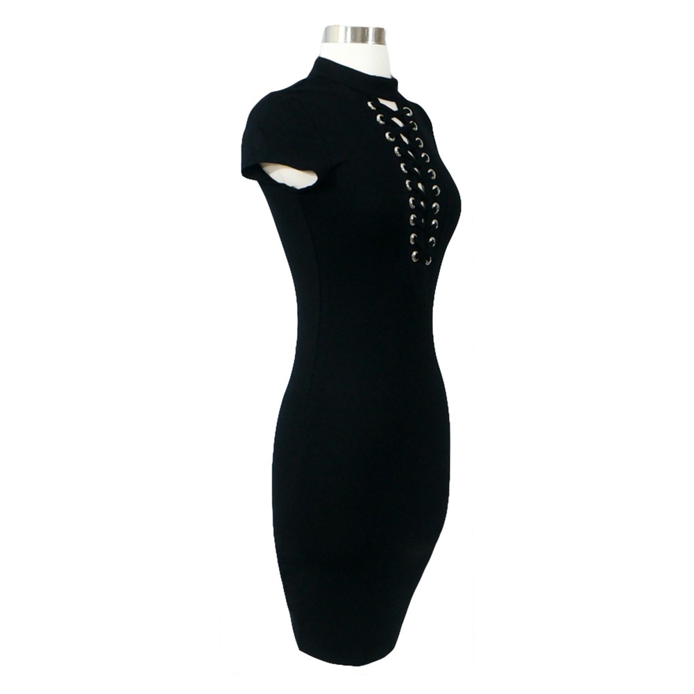 Black Lace up Eyelet Bodycon Mini Dress - Picture 7 of 8